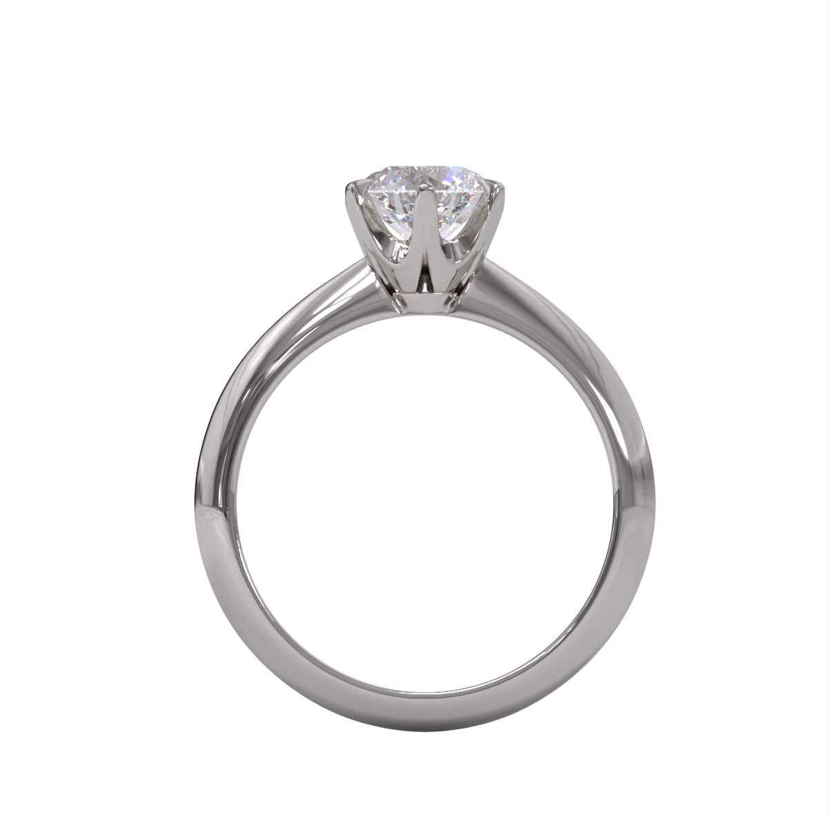 A platinum or whiet gold band solitaire ring with a round diamond.