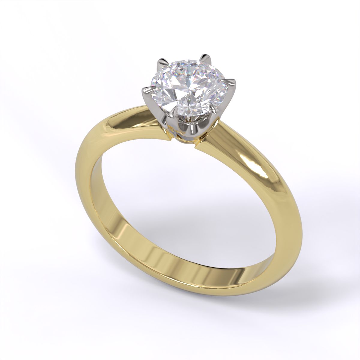 A yellow gold band solitaire ring with a round diamond.