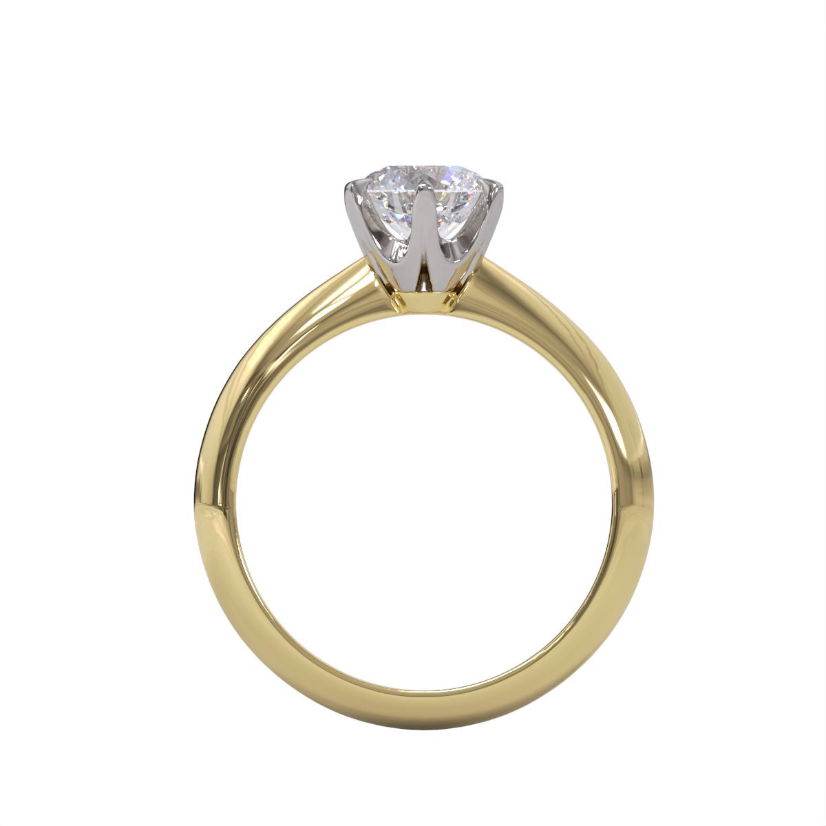 A yellow gold band solitaire ring with a round diamond.