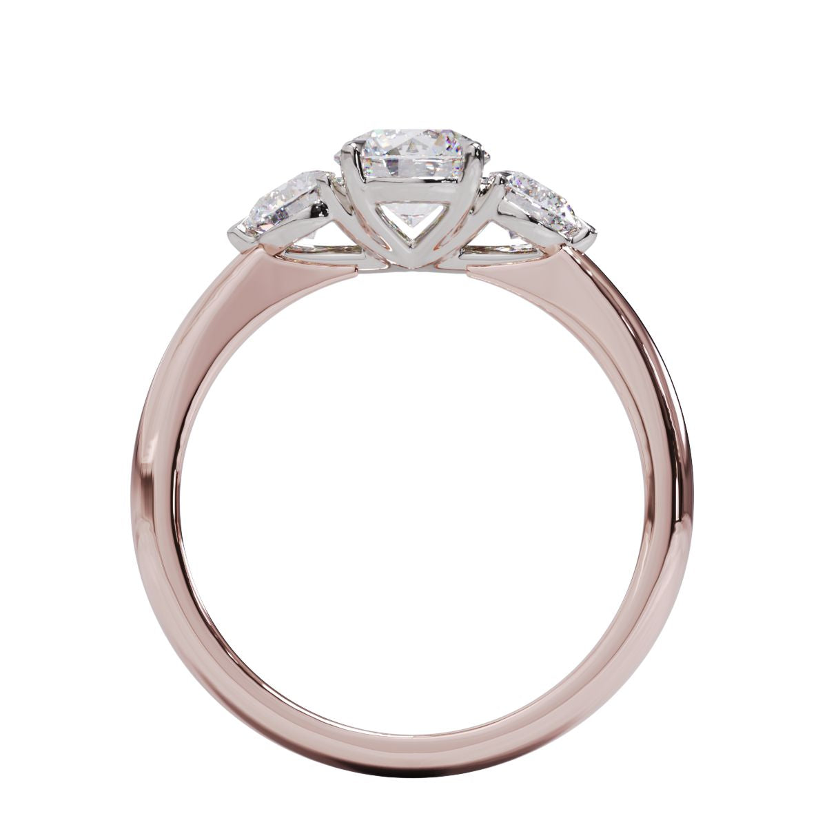 A three-stone diamond engagement ring with a rose gold band and platinum setting.