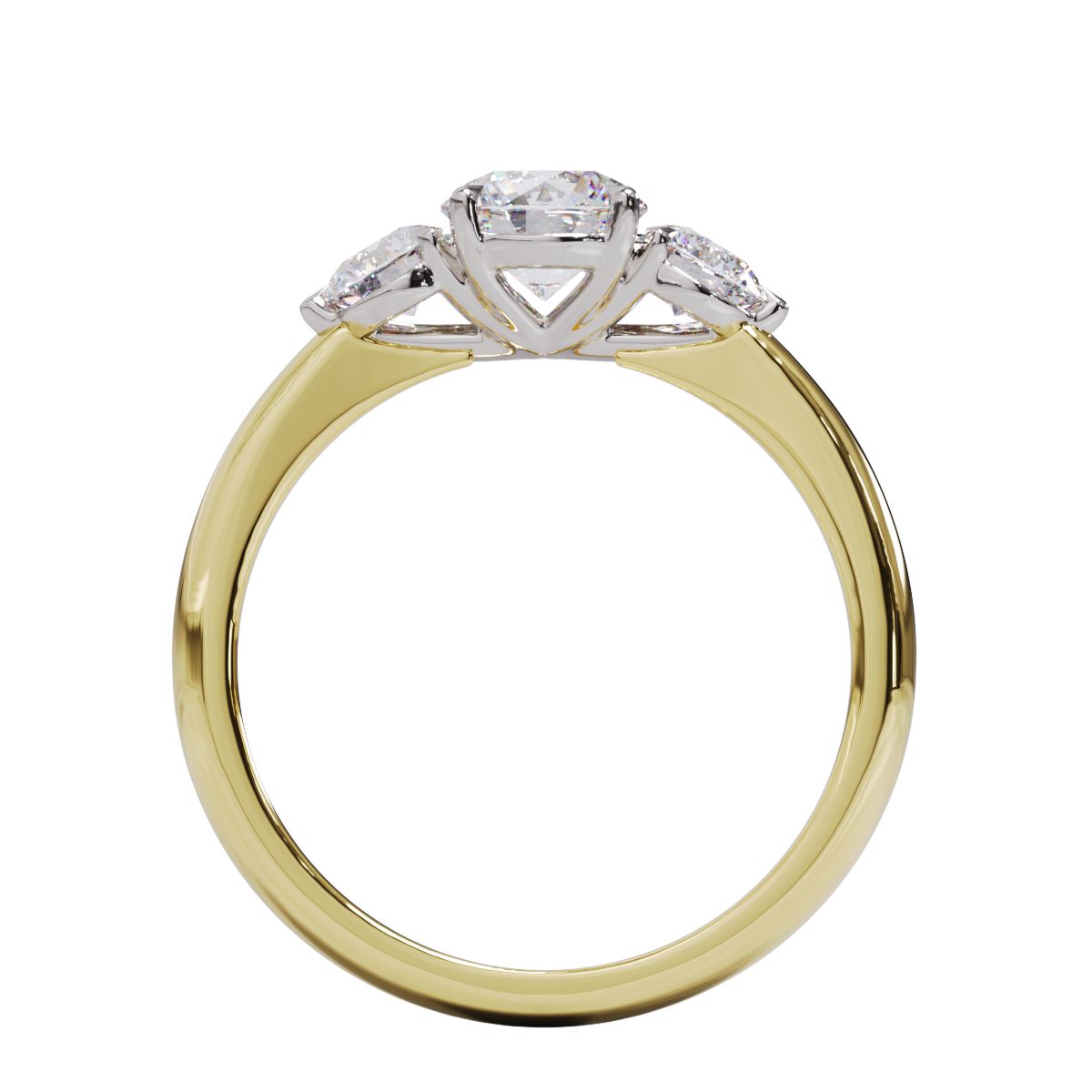 A three-stone diamond engagement ring with a yellow gold band and platinum setting.