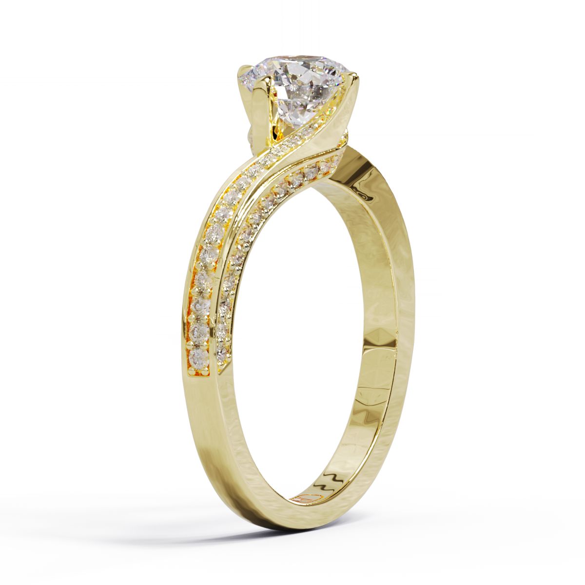 handmade round diamond twist ring with smaller diamonds on the band, set in yellow gold.