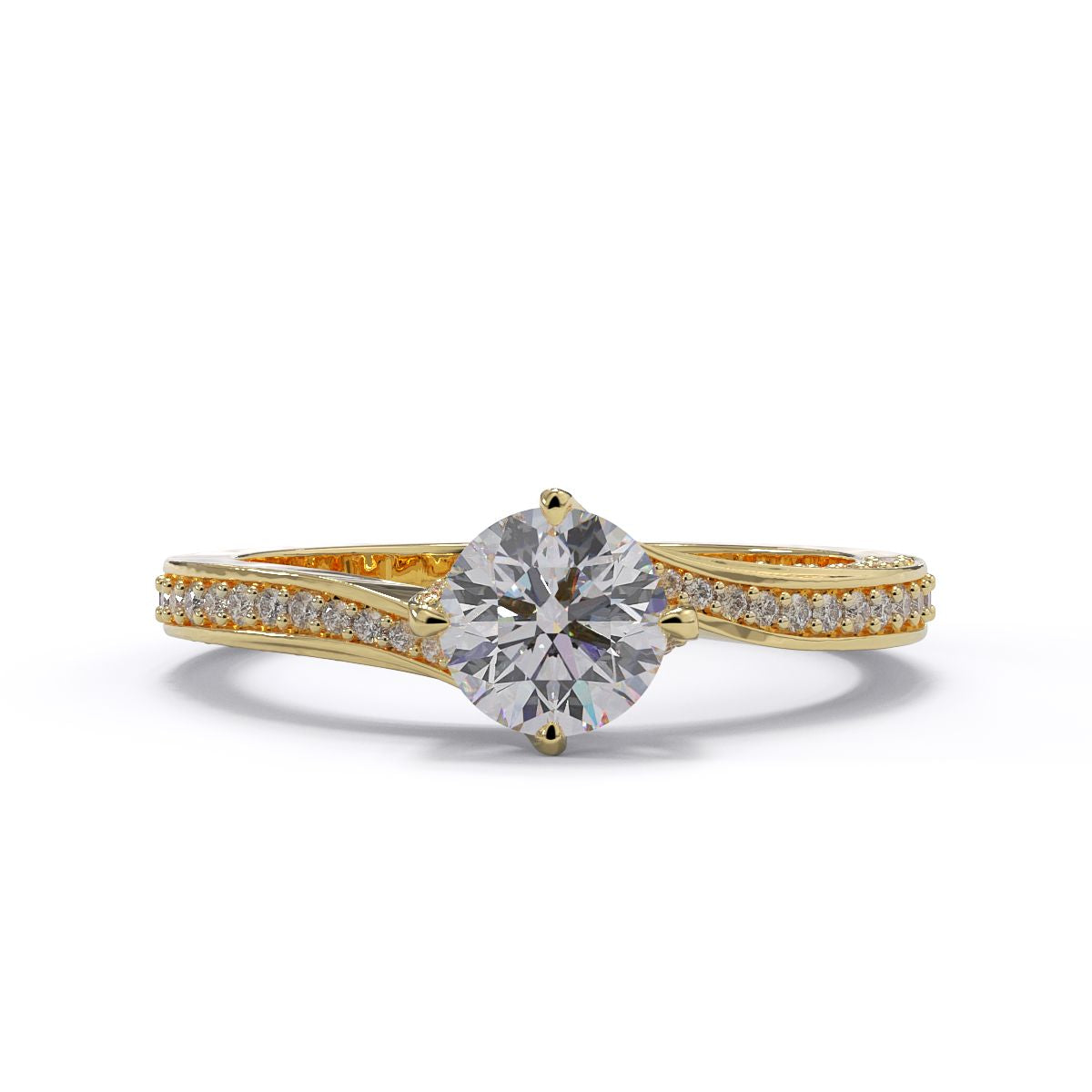 A round diamond twist ring with smaller diamonds on the band, set in yellow gold.