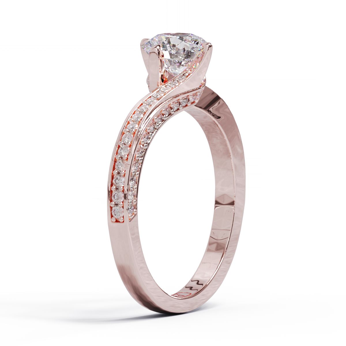 handmade round diamond twist ring with smaller diamonds on the band, set in rose gold.