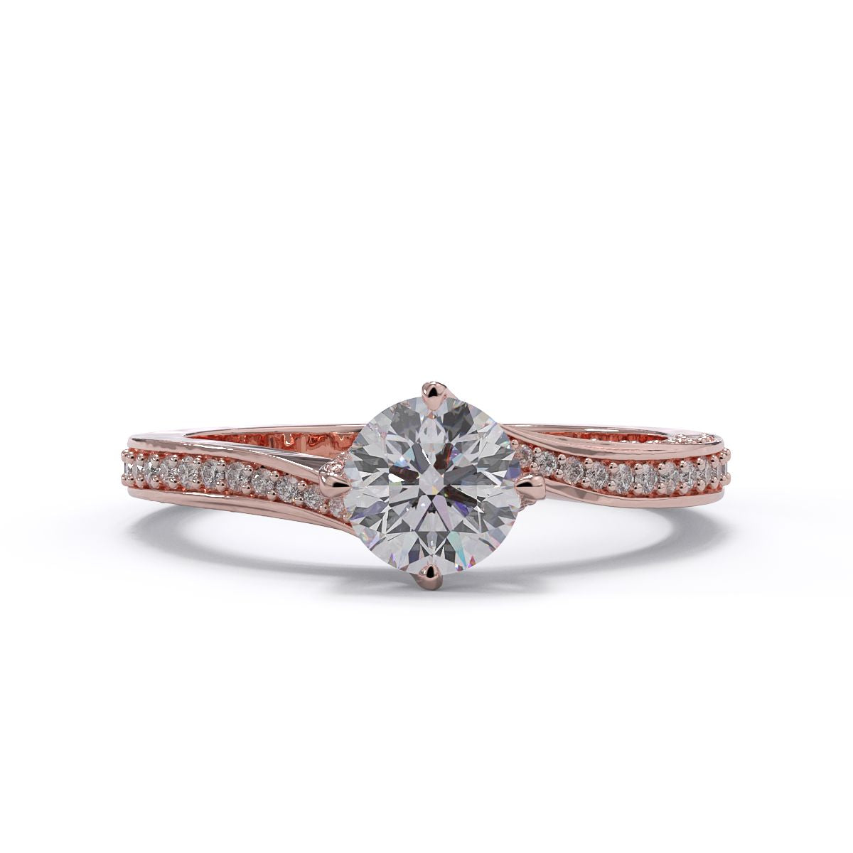 A round diamond twist ring with smaller diamonds on the band, set in rose gold.