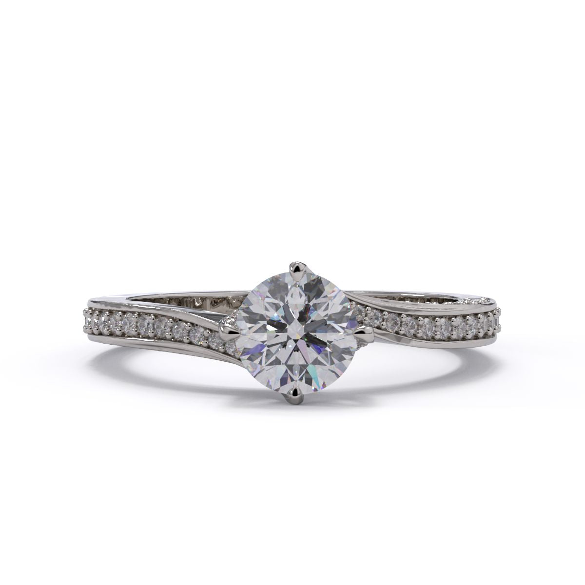 A round diamond twist ring with smaller diamonds on the band, set in white gold.