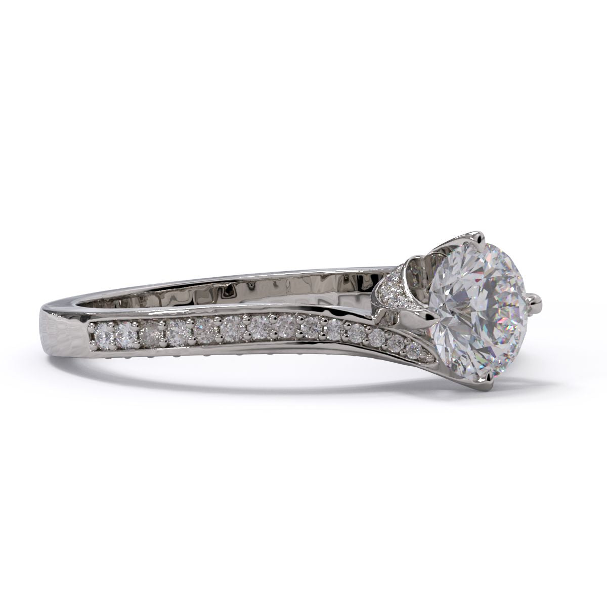 Twist pave diamond band with a white diamond center stone