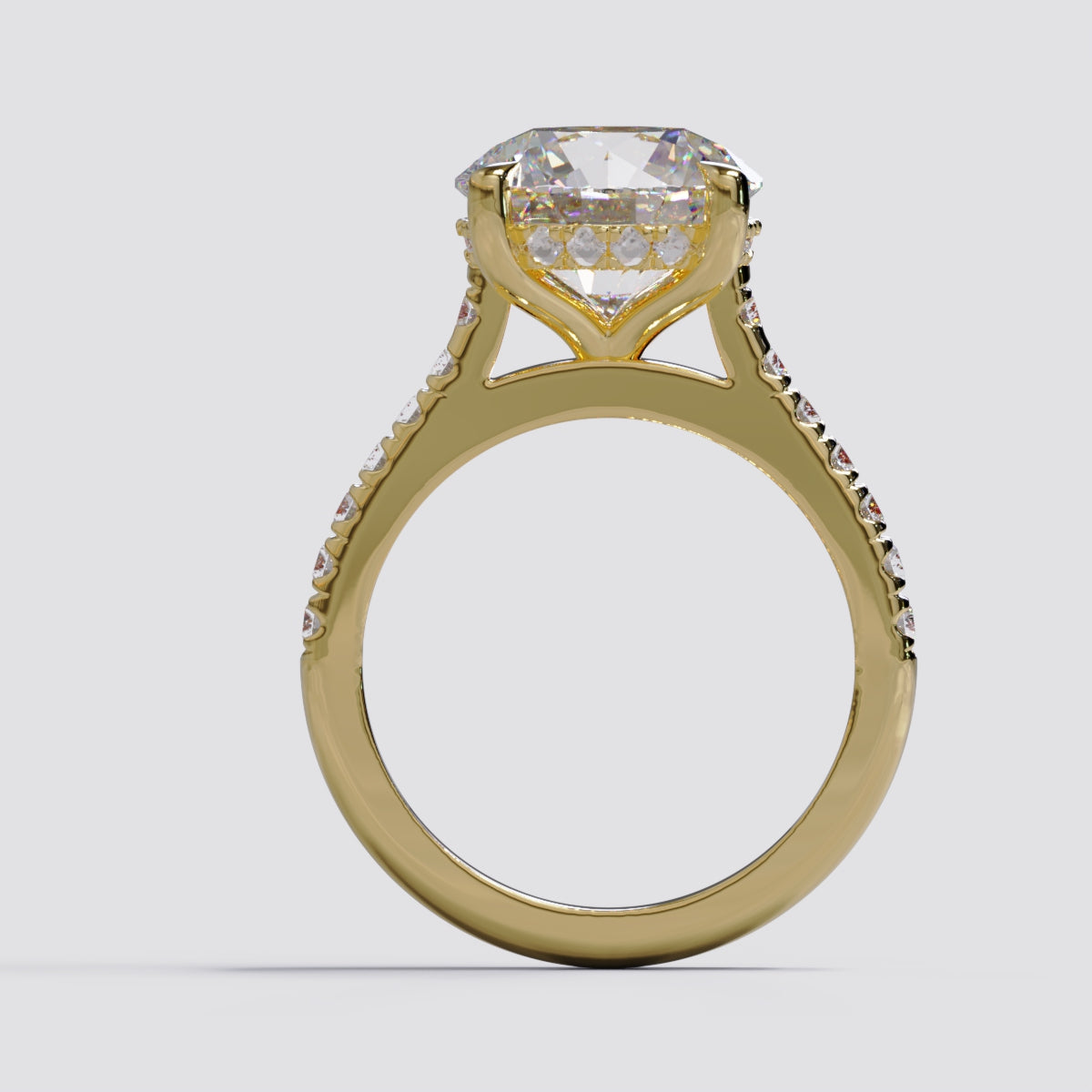 Yellow Gold Ring. Round Brilliant Diamond Centre Stone with Hidden Halo and Pave diamonds on the band