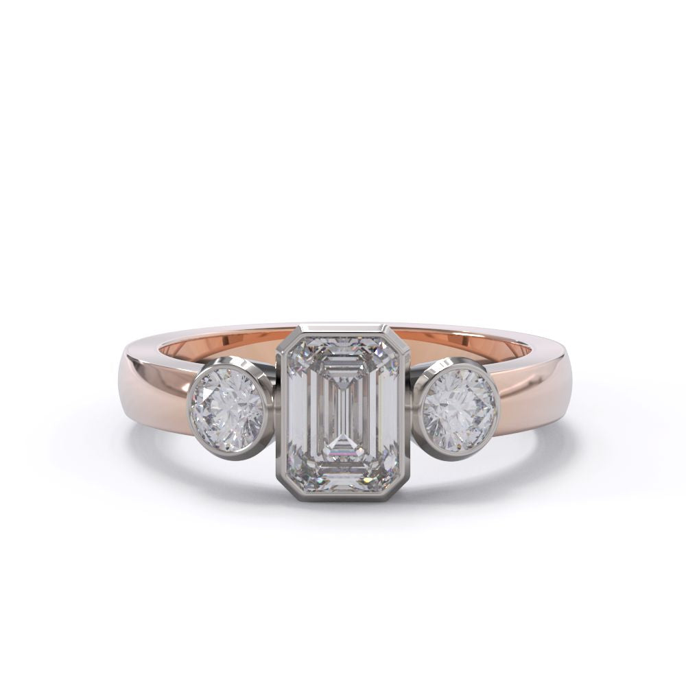 Three Stone Bezel Ring Front Rose Gold