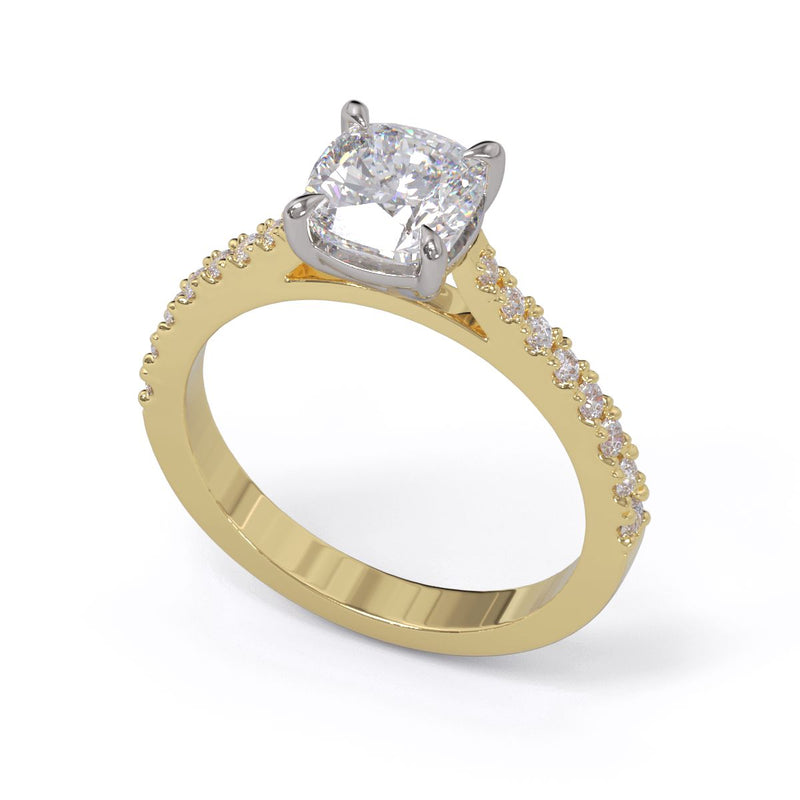A solitare diamond ring with a platinum setting on a yellow gold band with pave diamonds down the side