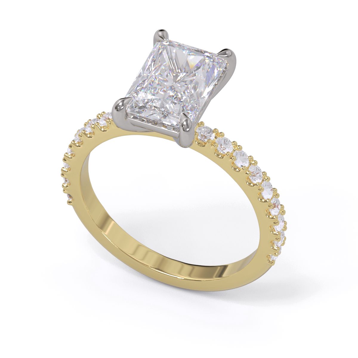A radiant cut diamond solitaire ring with a diamond pave band, set in a claw setting in platinum on a yellow gold band.