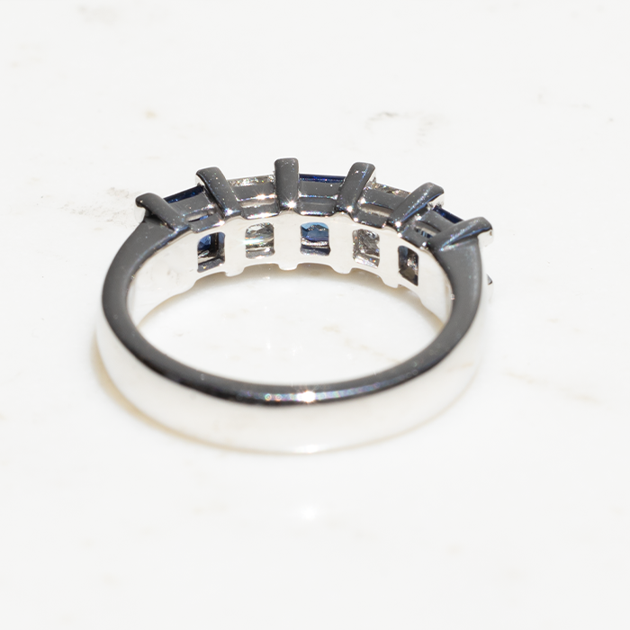 back veiw of 18k white gold ring with two diamonds and three sapphires