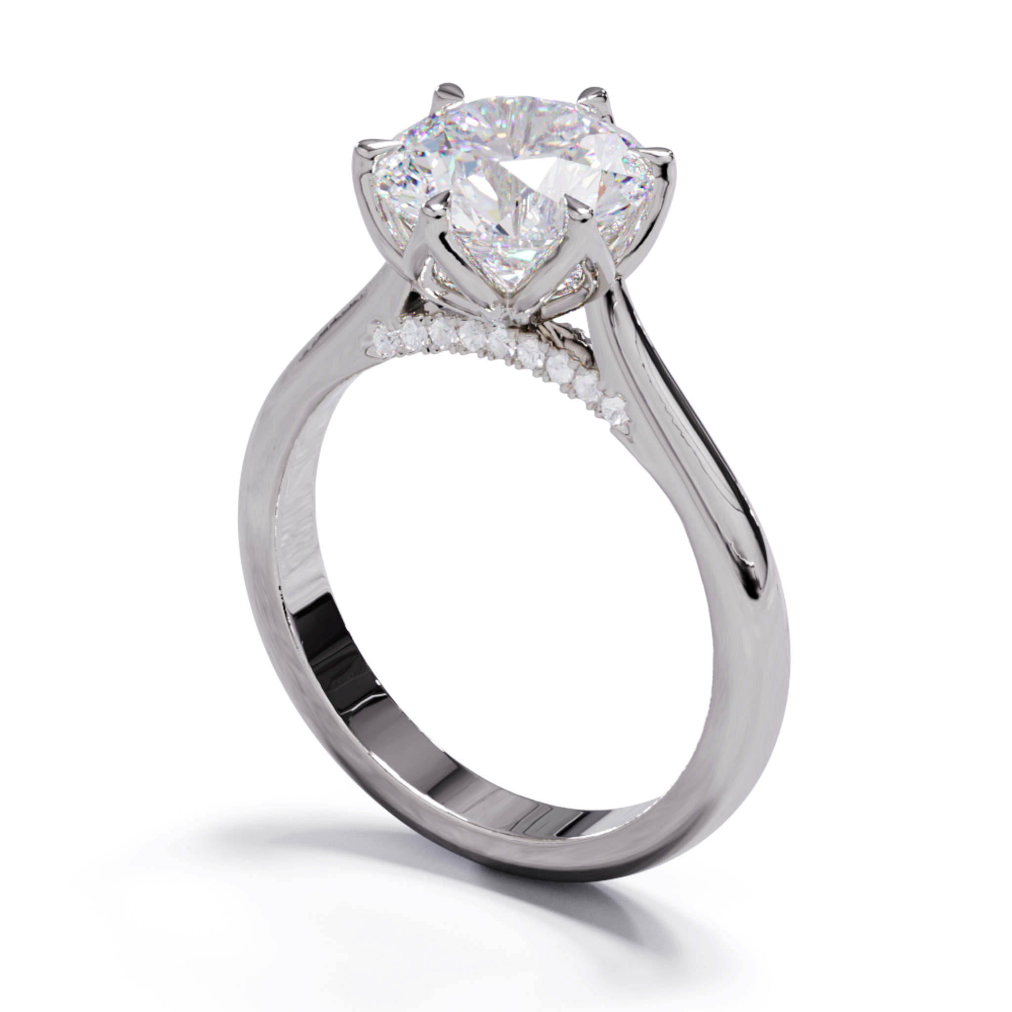 A white gold or platinum ring with a large round diamond and smaller pave diamonds on the band