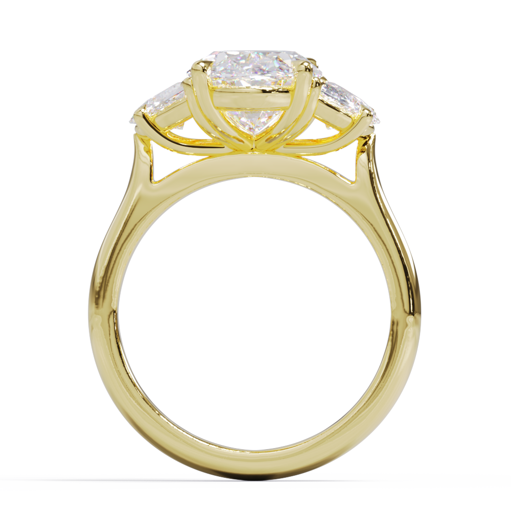 An exquisite white engagement diamond ring with an oval centerpiece flanked by two half moon diamonds, set in a gold band