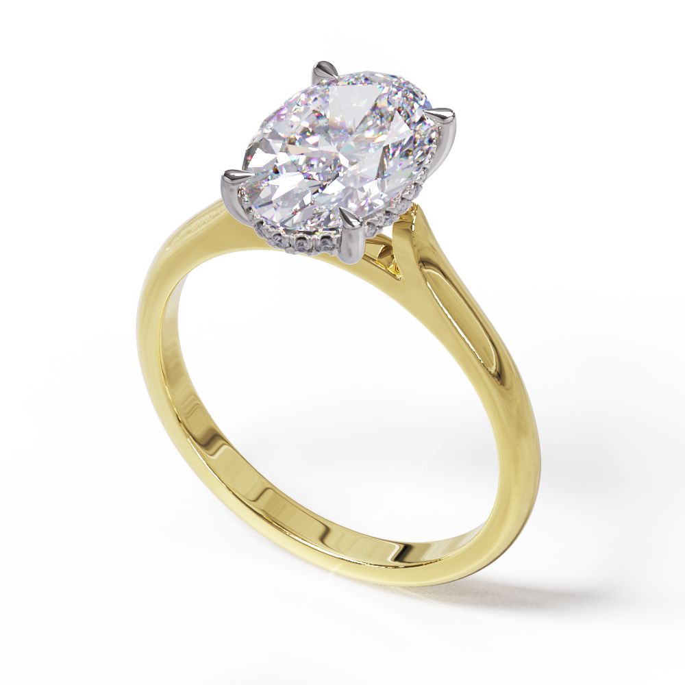 An oval solitare engagement ring with a halo of round pave diamond. Set in a platinum setting on a yellow gold band.