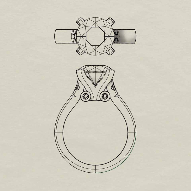 Drawing of solitaire diamond ring with round diamond and accent diamonds on the shank.