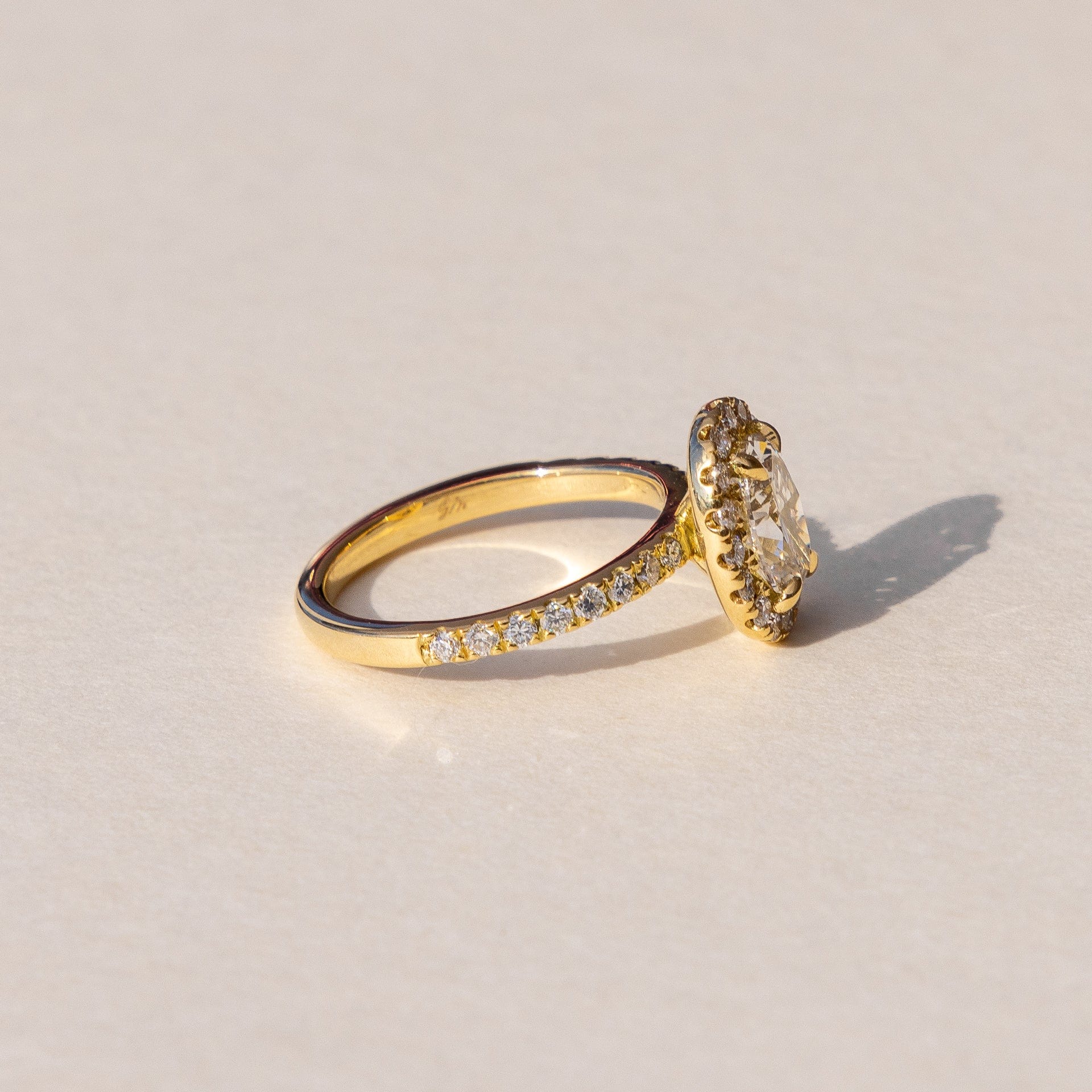 18ct Yellow Custom made Bespoke Oval Diamond Engagement Halo Ring made at our On-site Workshop