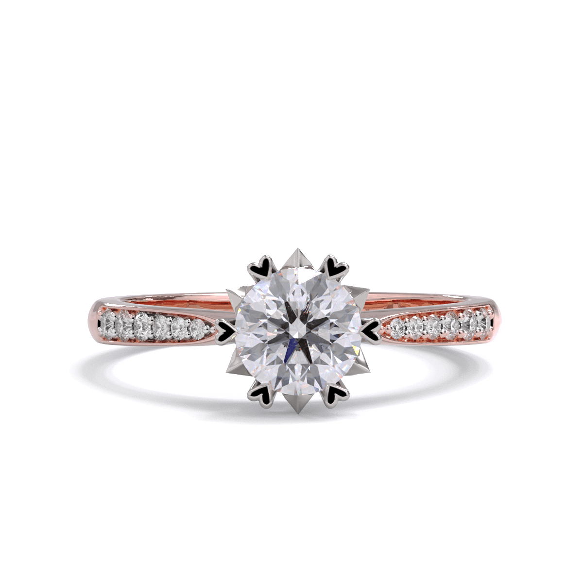 A rose gold engagement ring with a round brilliant diamond center stone, surrounded by heart-shaped claws.
