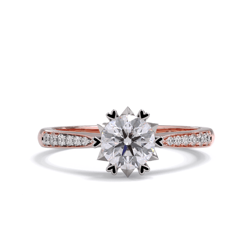 A rose gold engagement ring with a round brilliant diamond center stone, surrounded by heart-shaped claws.