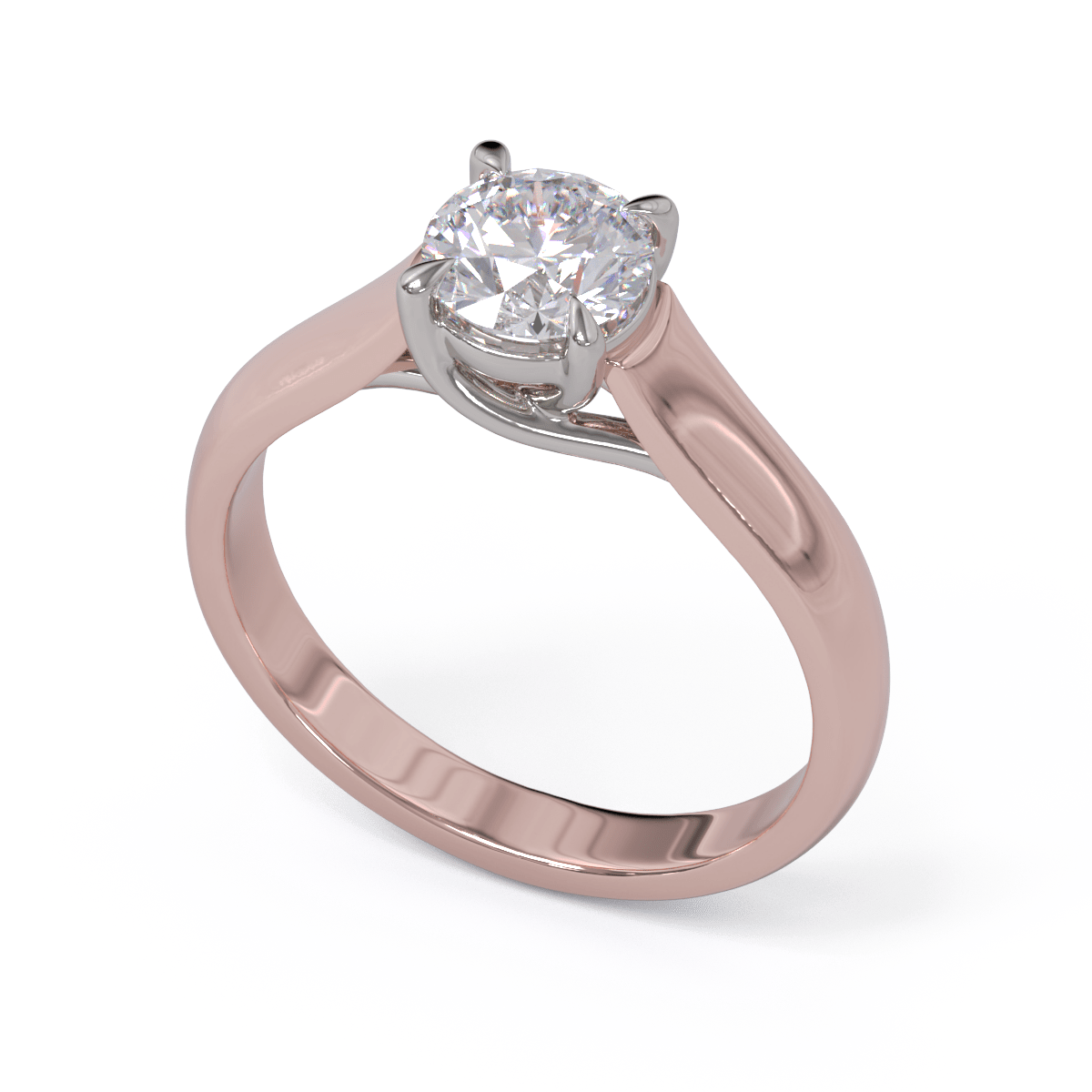 A round diamond solitaire engagement ring with a platinum setting and a rose gold band.