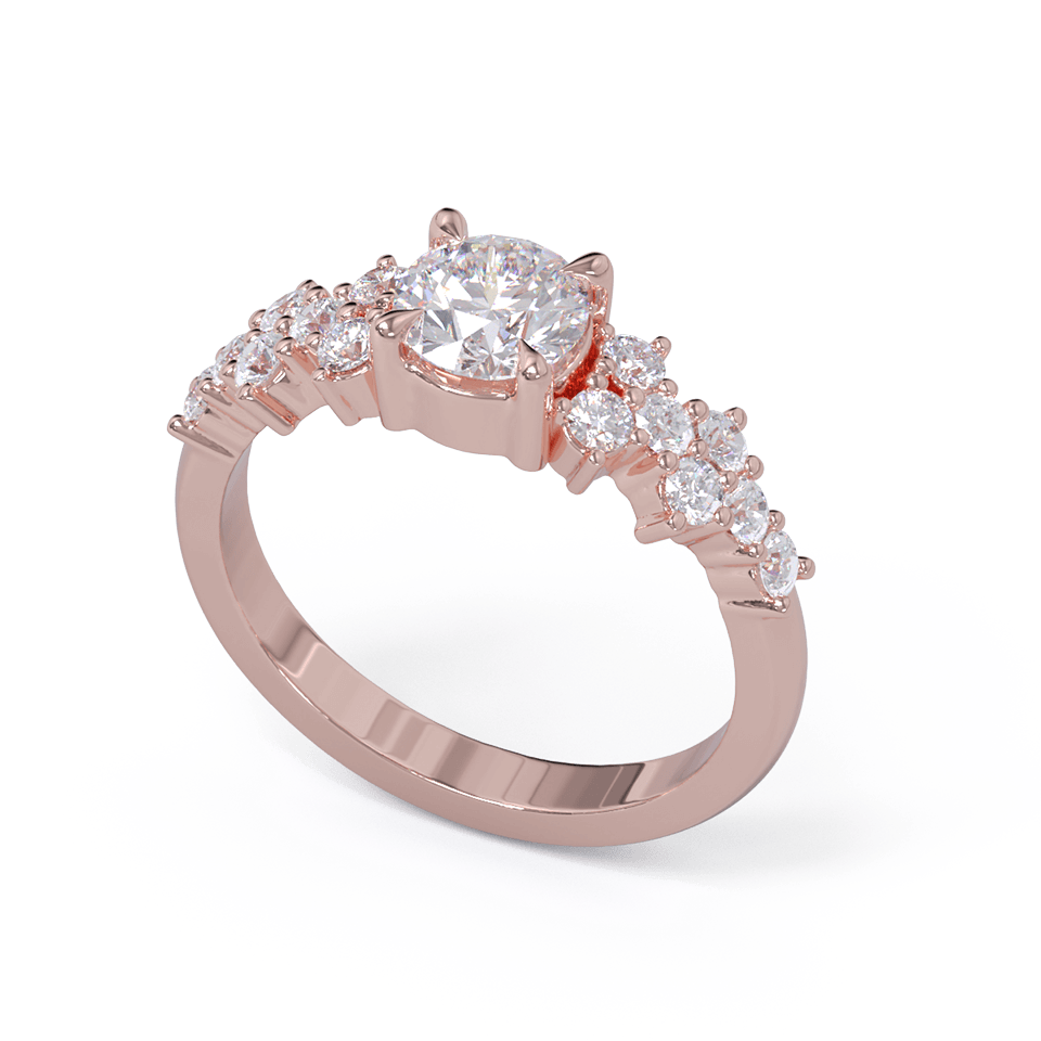 A rose gold engagement ring with a round diamond center stone and clusters of round diamonds on each side. Pave diamonds down the side of band.