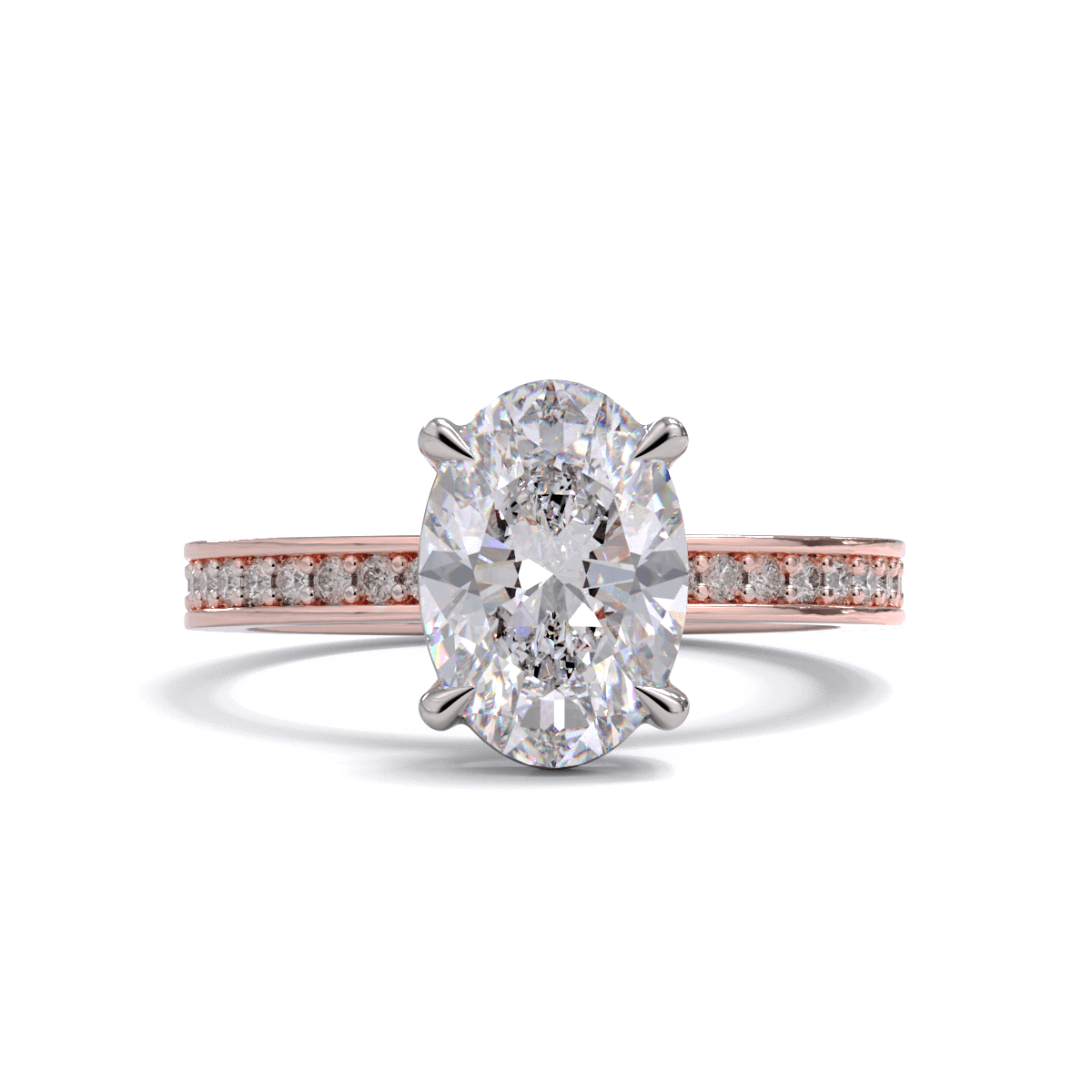An oval diamond solitaire engagement ring with a diamond band, predominantly showcasing a clear central diamond with smaller clear stones on the band, set against a green background.