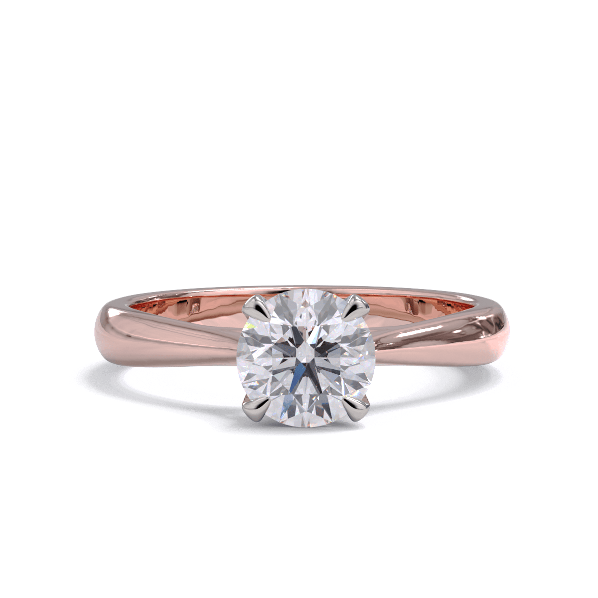 Round diamond solitaire engagement ring with a platinum setting and rose gold band.
