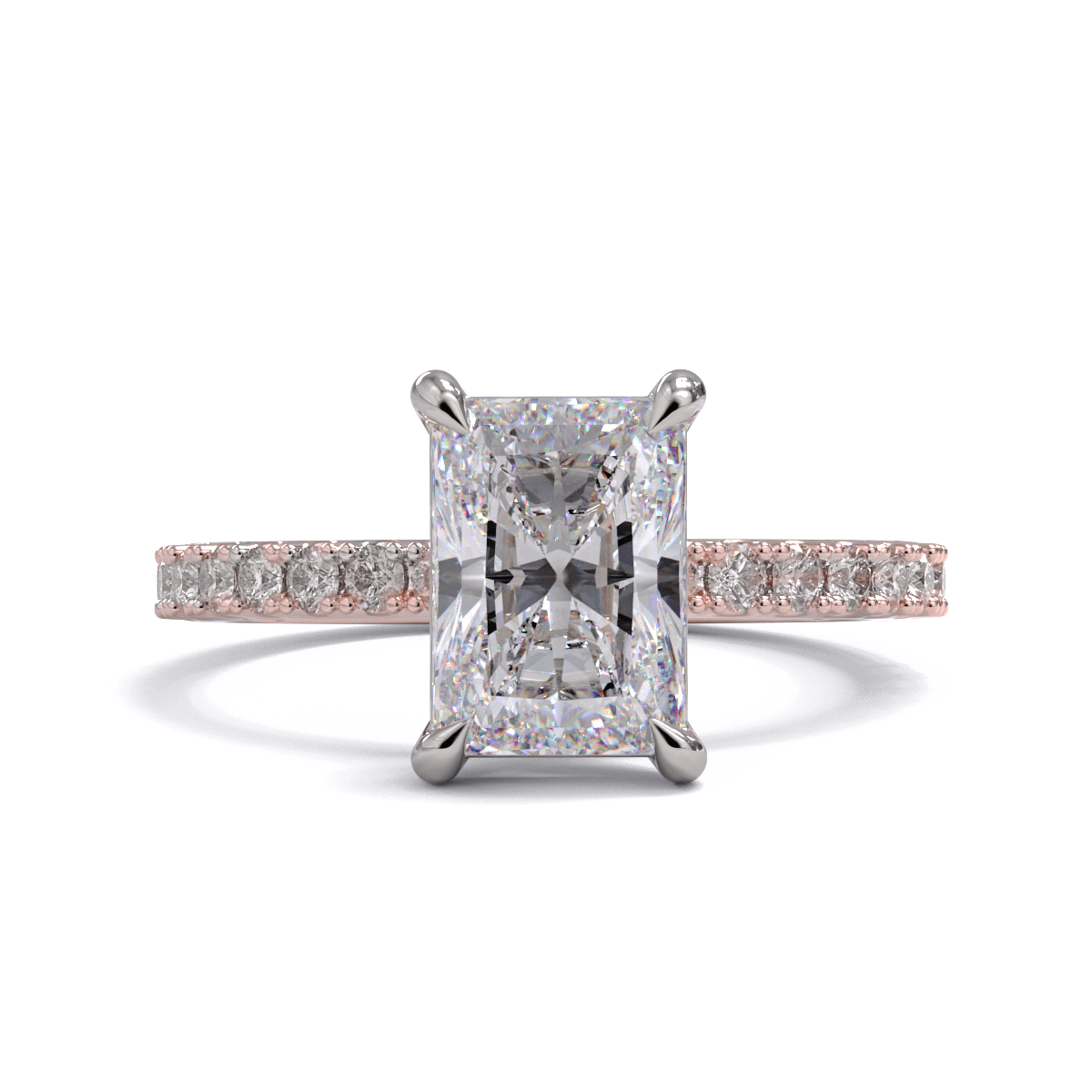 A radiant cut diamond solitaire ring with a diamond pave band, set in a claw setting in platinum on a rose gold band.