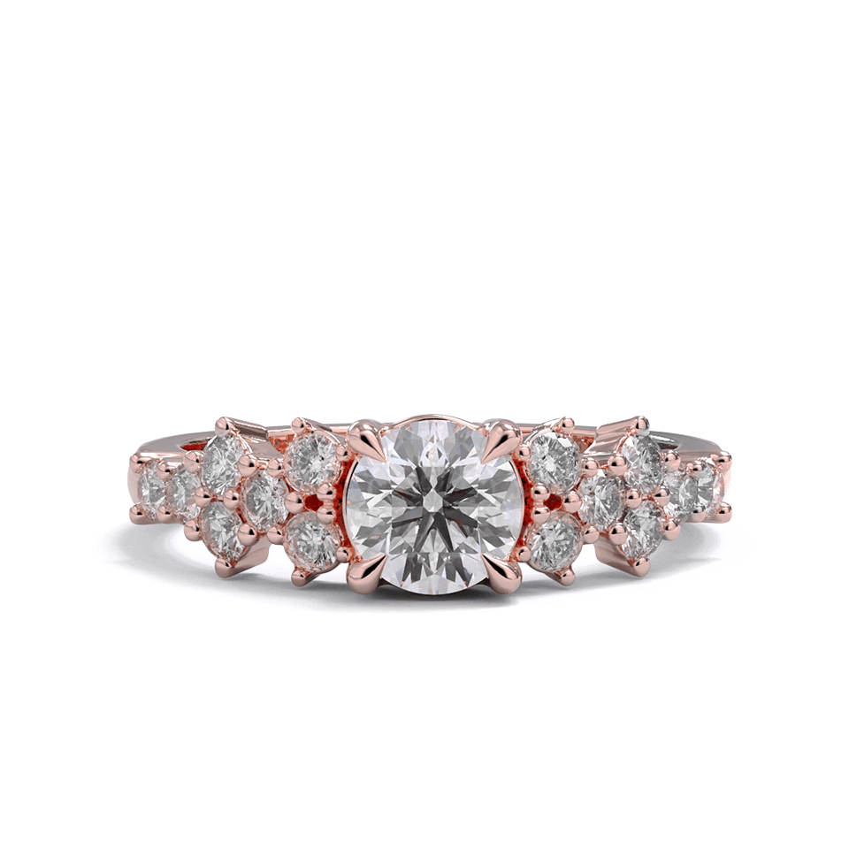 A rose gold engagement ring with a round diamond center stone and clusters of round diamonds on each side. Pave diamonds down the side of band.