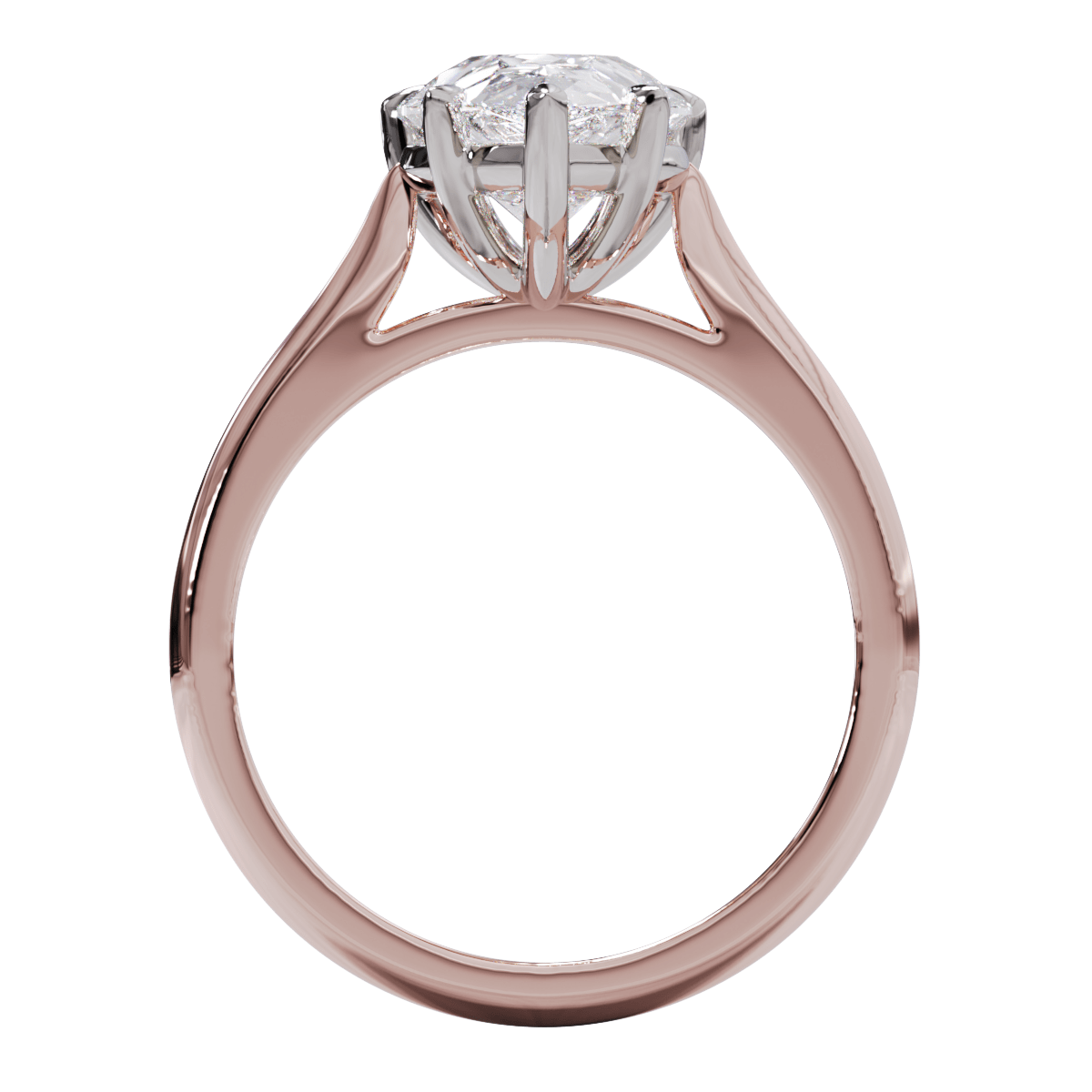 A solitaire ring with a pear-cut diamond center stone held by five-claw platinum setting on a rose gold band.