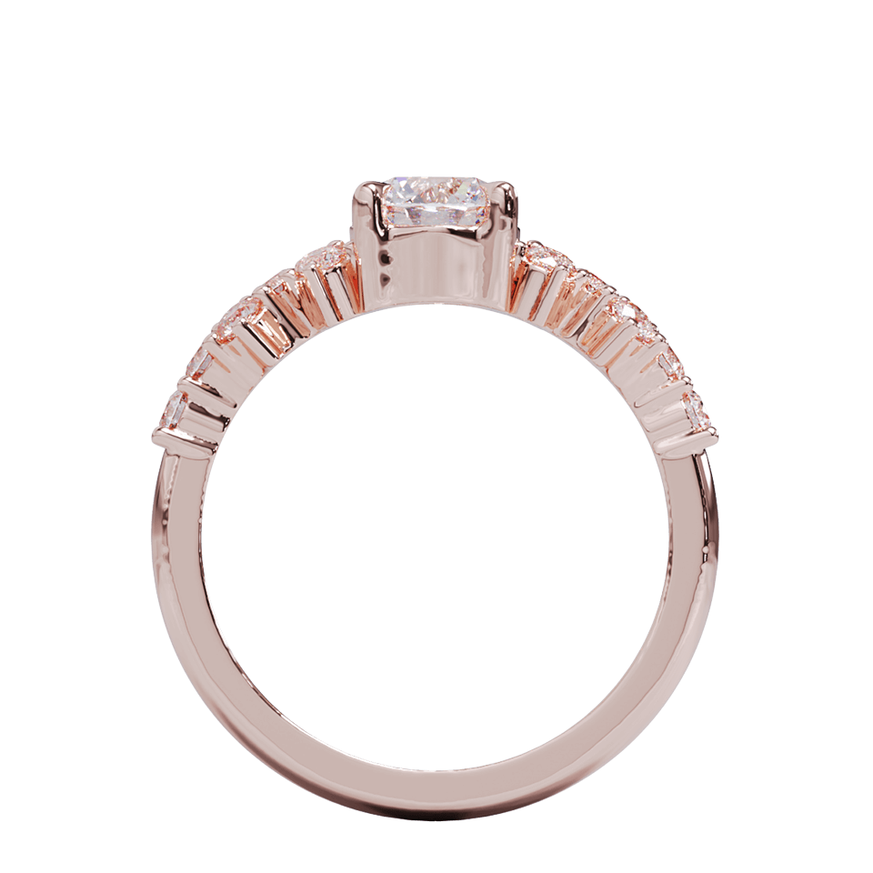 A rose gold engagement engagement ring with a round diamond center stone and clusters of round diamonds on each side. Pave diamonds down the side of band.