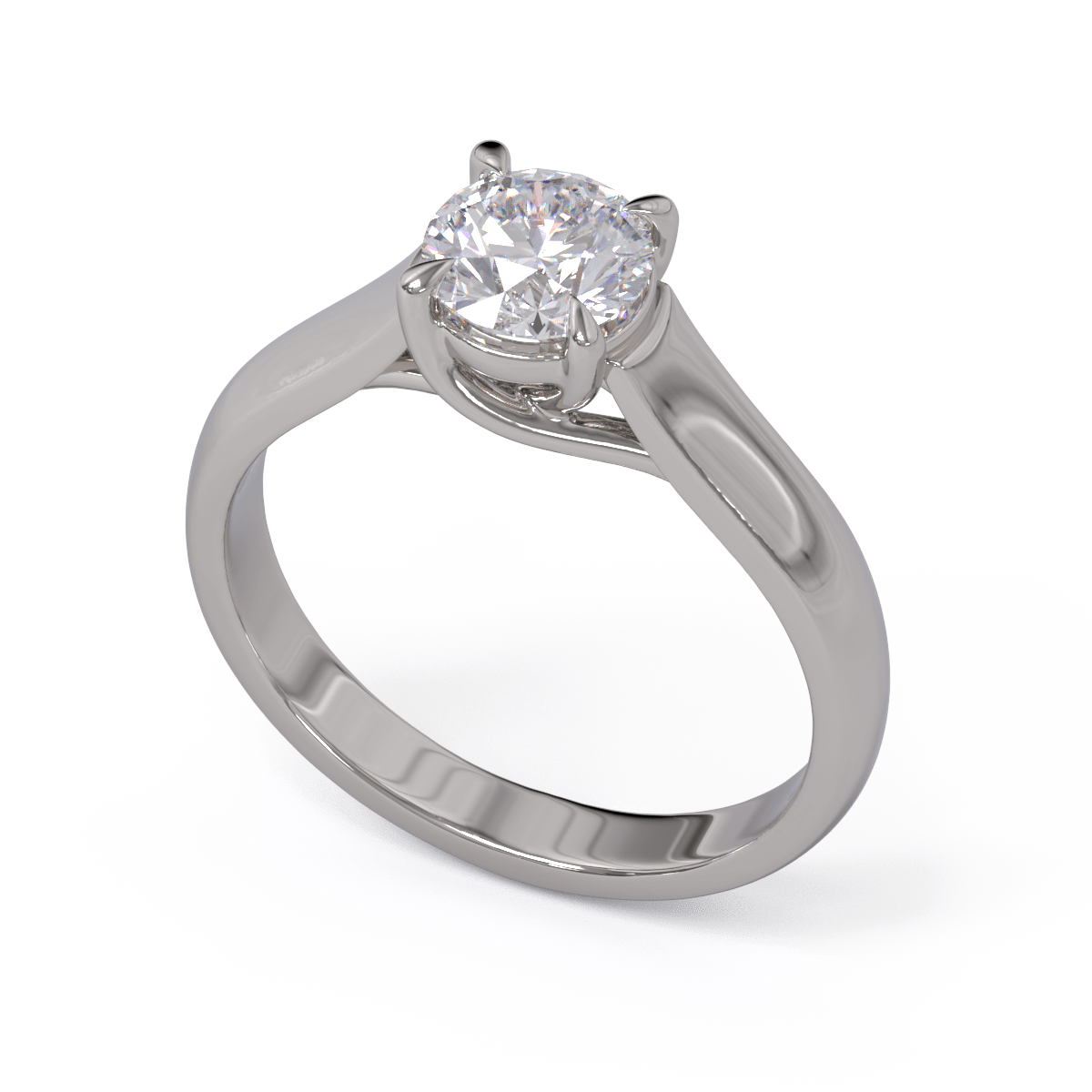 A round diamond solitaire engagement ring with a platinum or white gold band.