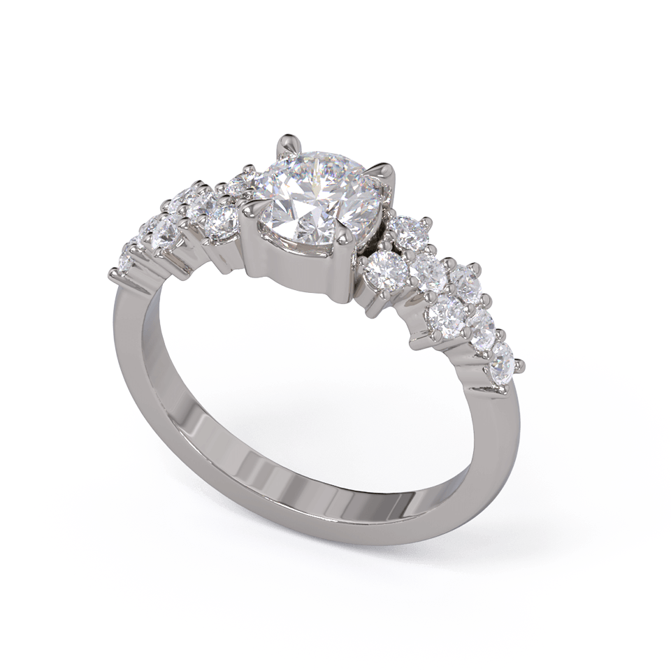 A white gold or platinum engagement ring with a round diamond center stone and clusters of round diamonds on each side. Pave diamonds down the side of band.