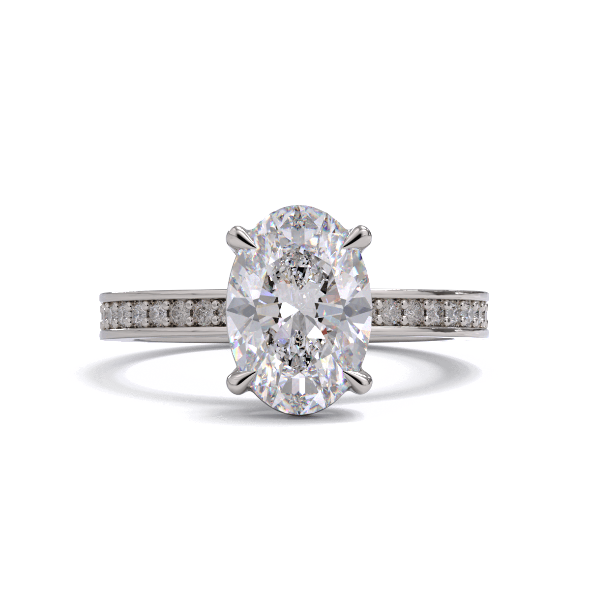 An oval diamond solitaire engagement ring with a diamond band, predominantly showcasing a clear central diamond with smaller clear stones on the band, set against a green background.