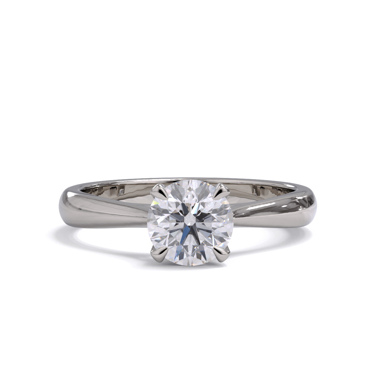 Round diamond solitaire engagement ring with a platinum or white gold setting.