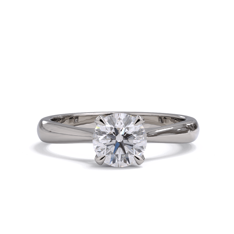Round diamond solitaire engagement ring with a platinum or white gold setting.