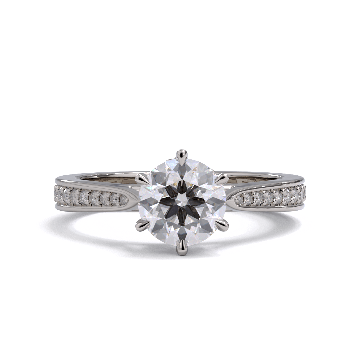 A round brilliant diamond solitaire ring with pave diamonds down the band, set in a platinum or white gold.