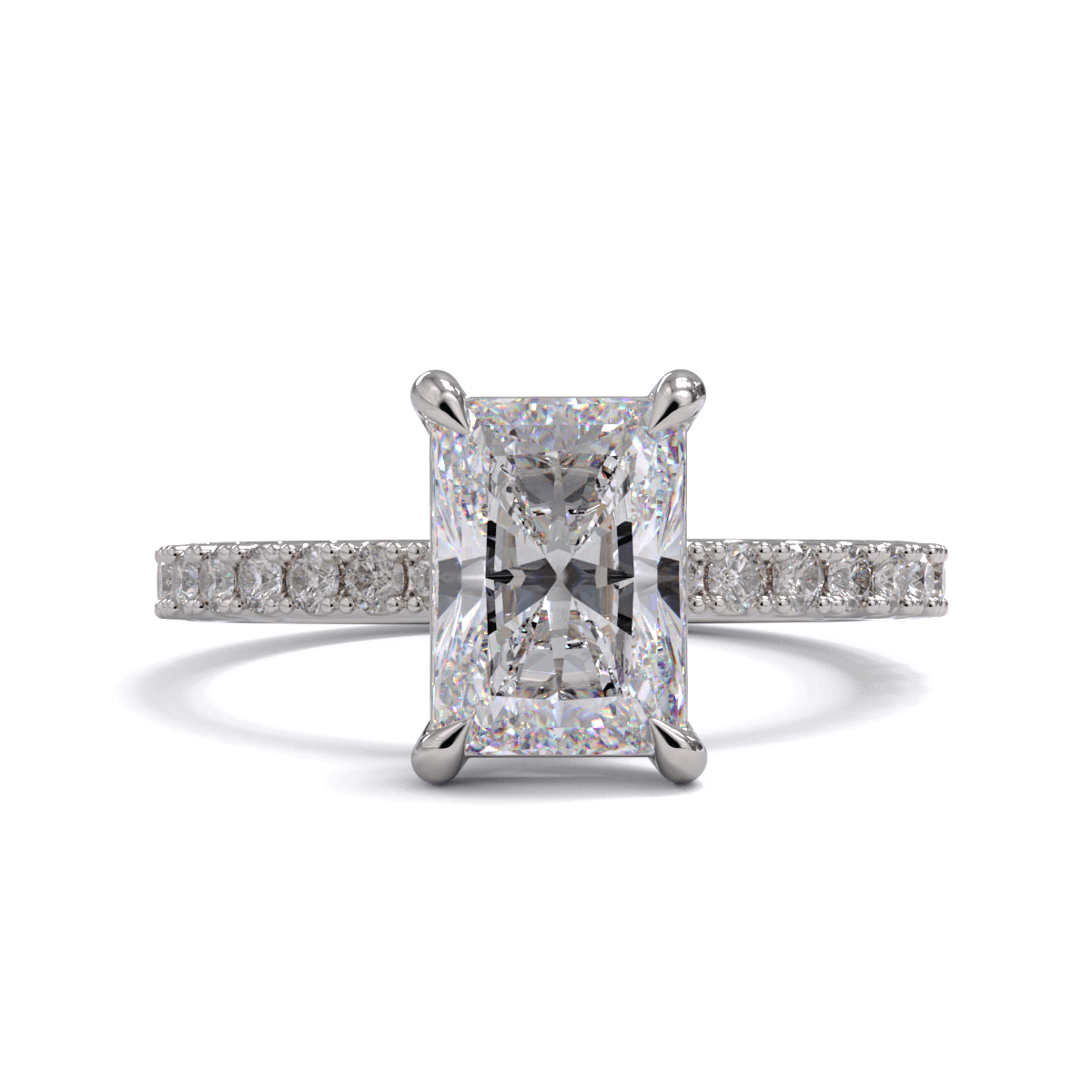 A radiant cut diamond solitaire ring with a diamond pave band, set in a claw setting in platinum or white gold.