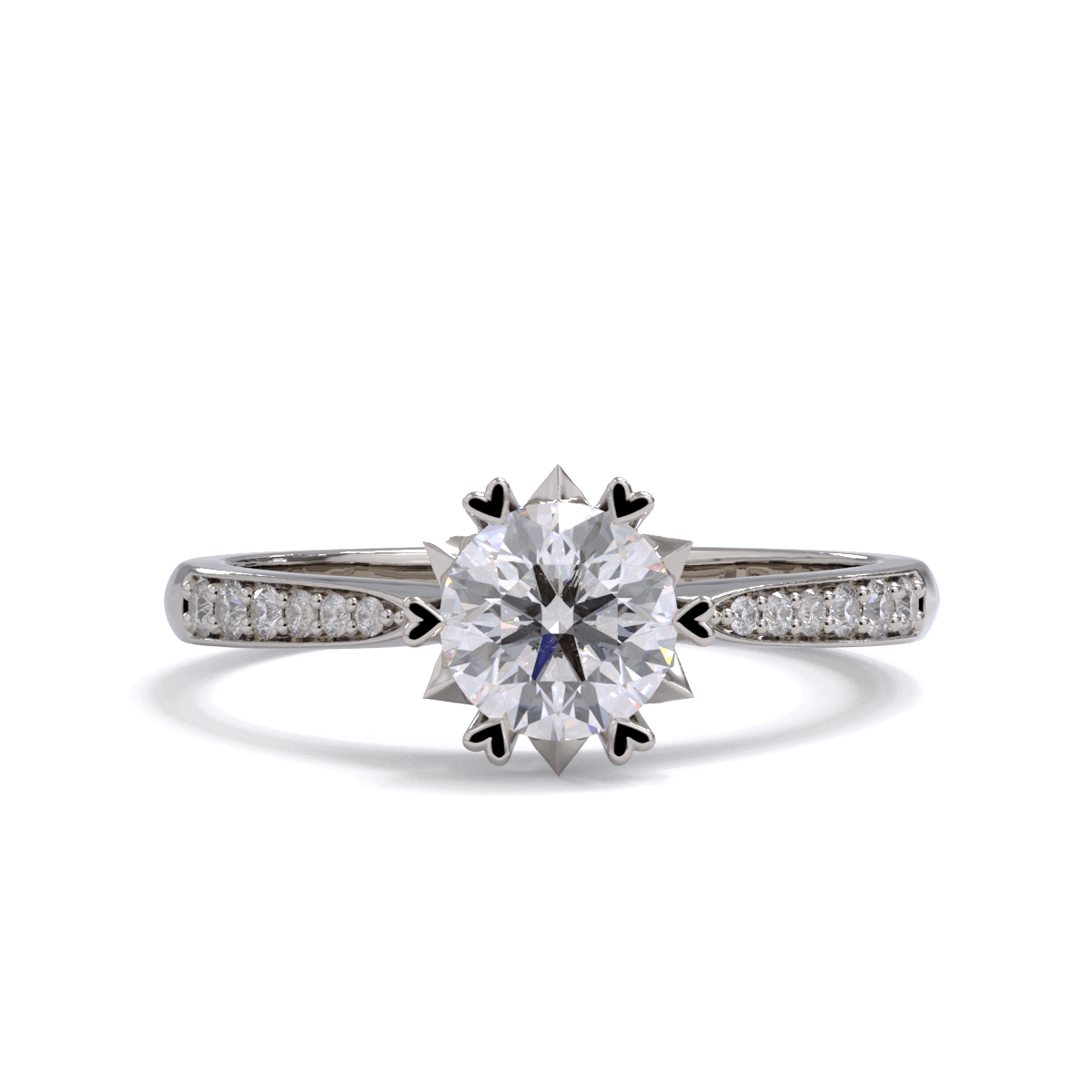 A platinum or white gold engagement ring with a round brilliant diamond center stone, surrounded by heart-shaped claws.