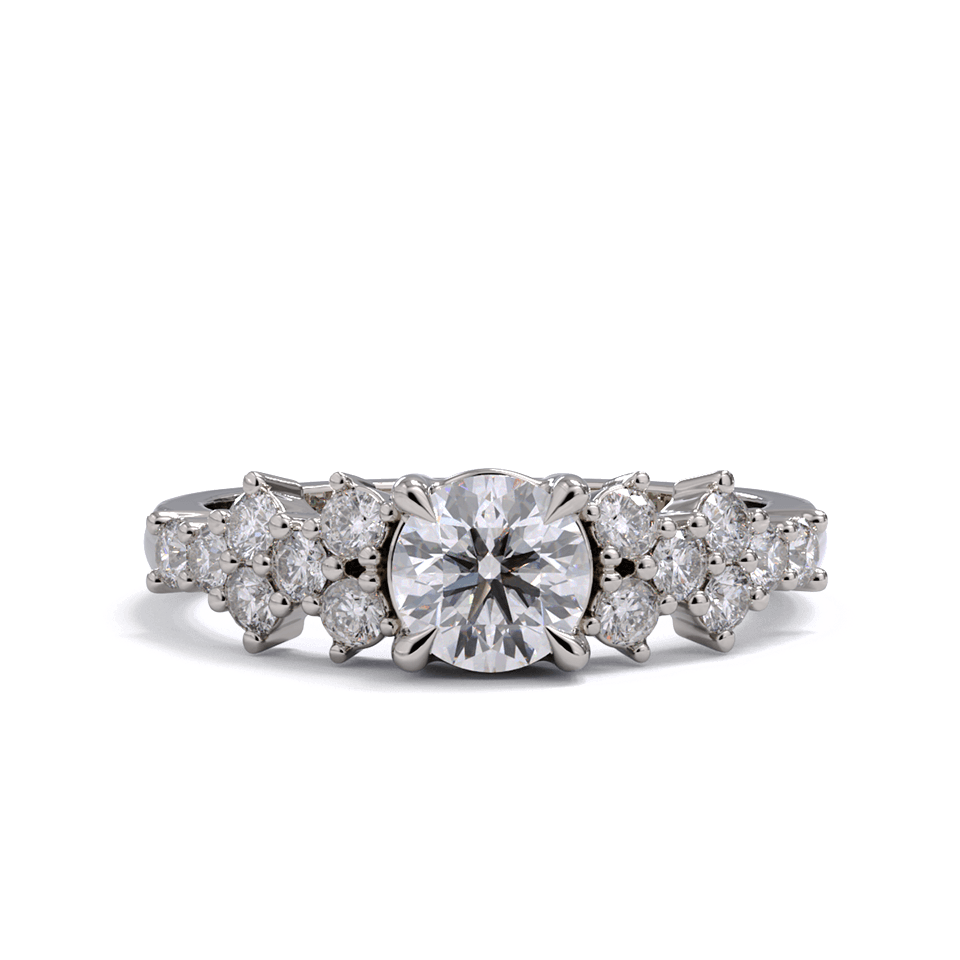 A white gold or platinum engagement ring with a round diamond center stone and clusters of round diamonds on each side. Pave diamonds down the side of band.