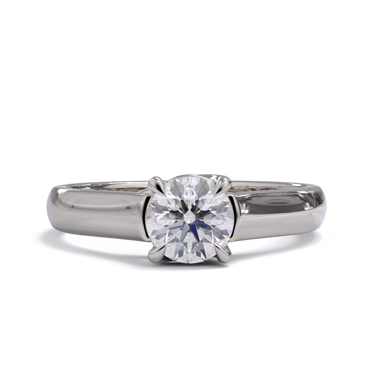 A round diamond solitaire engagement ring with a platinum or white gold band.