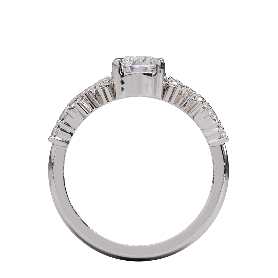 A white gold or platinum engagement  ring with a round diamond center stone and clusters of round diamonds on each side. Pave diamonds down the side of band.