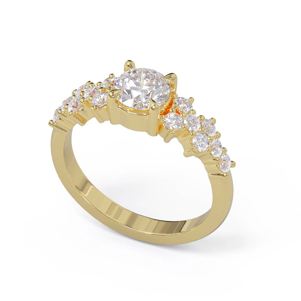 A yellow gold engagement ring with a round diamond center stone and clusters of round diamonds on each side. Pave diamonds down the side of band.