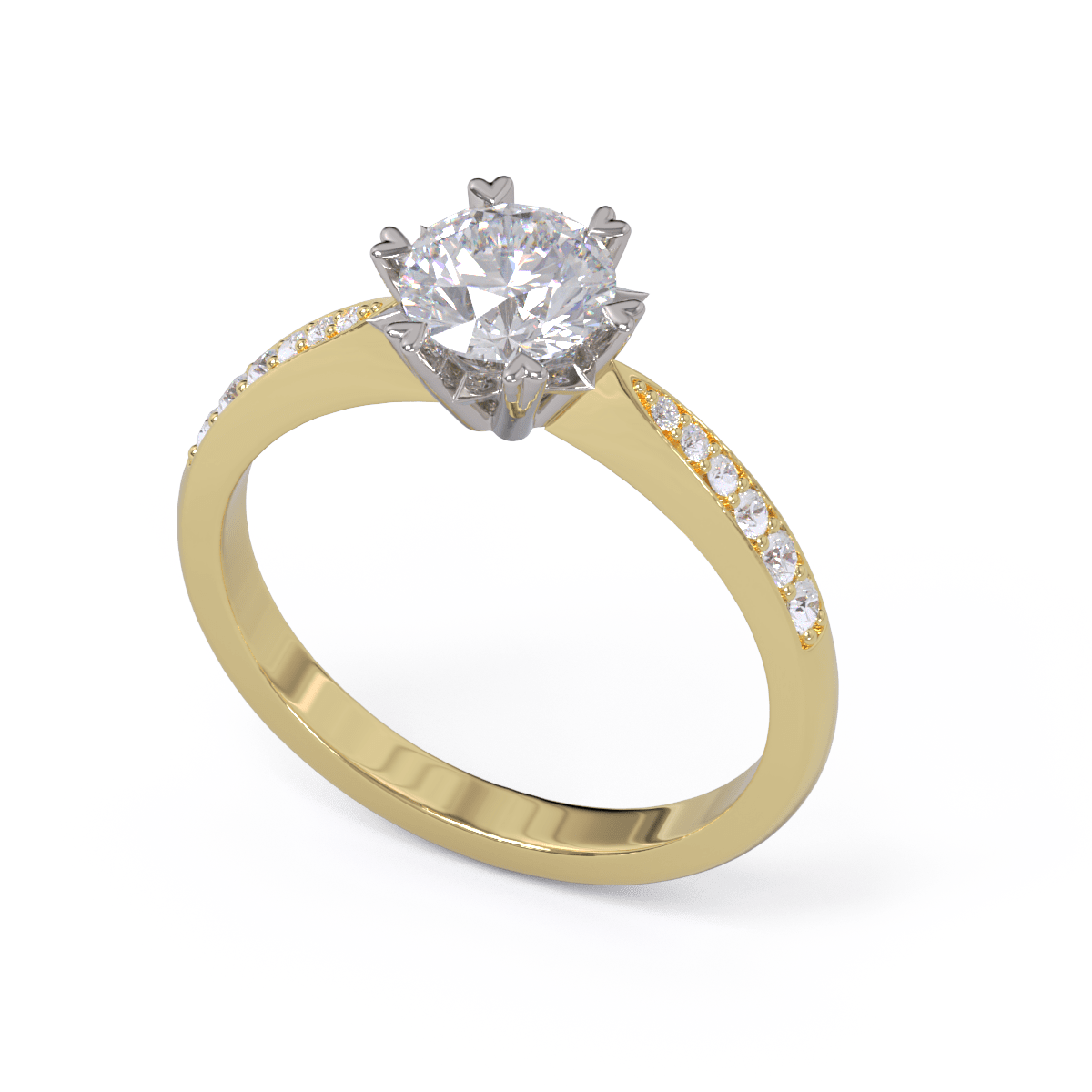 A yellow gold engagement ring with a round brilliant diamond center stone, surrounded by heart-shaped claws.