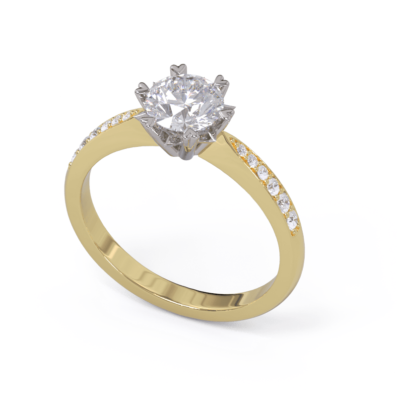 A yellow gold engagement ring with a round brilliant diamond center stone, surrounded by heart-shaped claws.