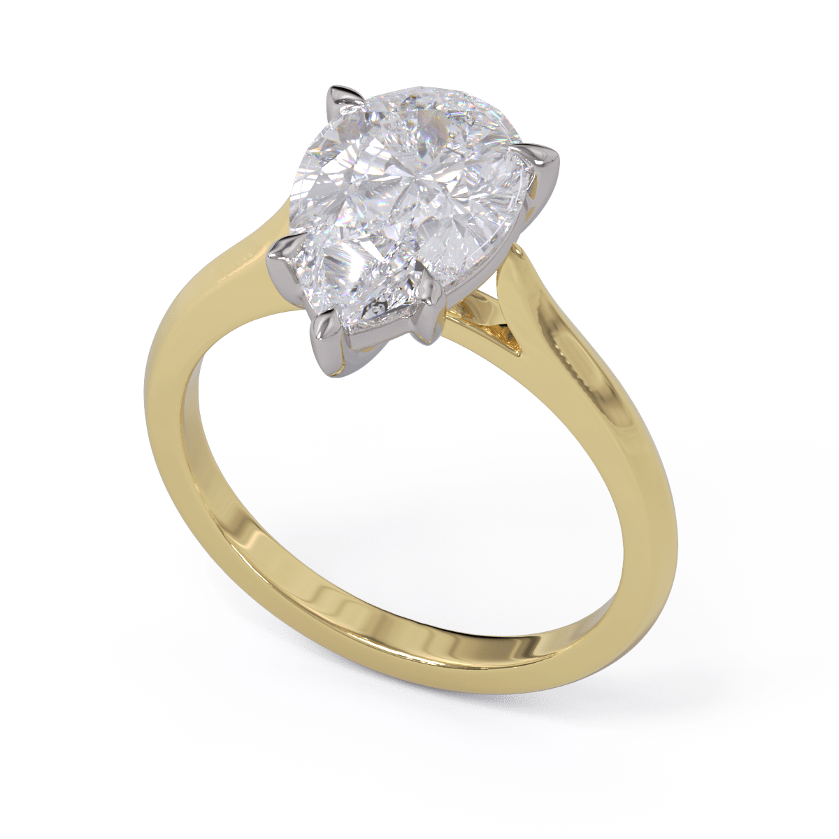 A solitaire ring with a pear-cut diamond center stone held by five-claw platinum setting on a yellow gold band.