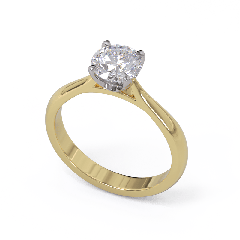 Round diamond solitaire engagement ring with a platinum setting and yellow gold band.