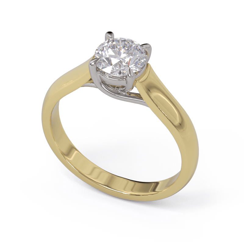 A round diamond solitaire engagement ring with a gold band.
