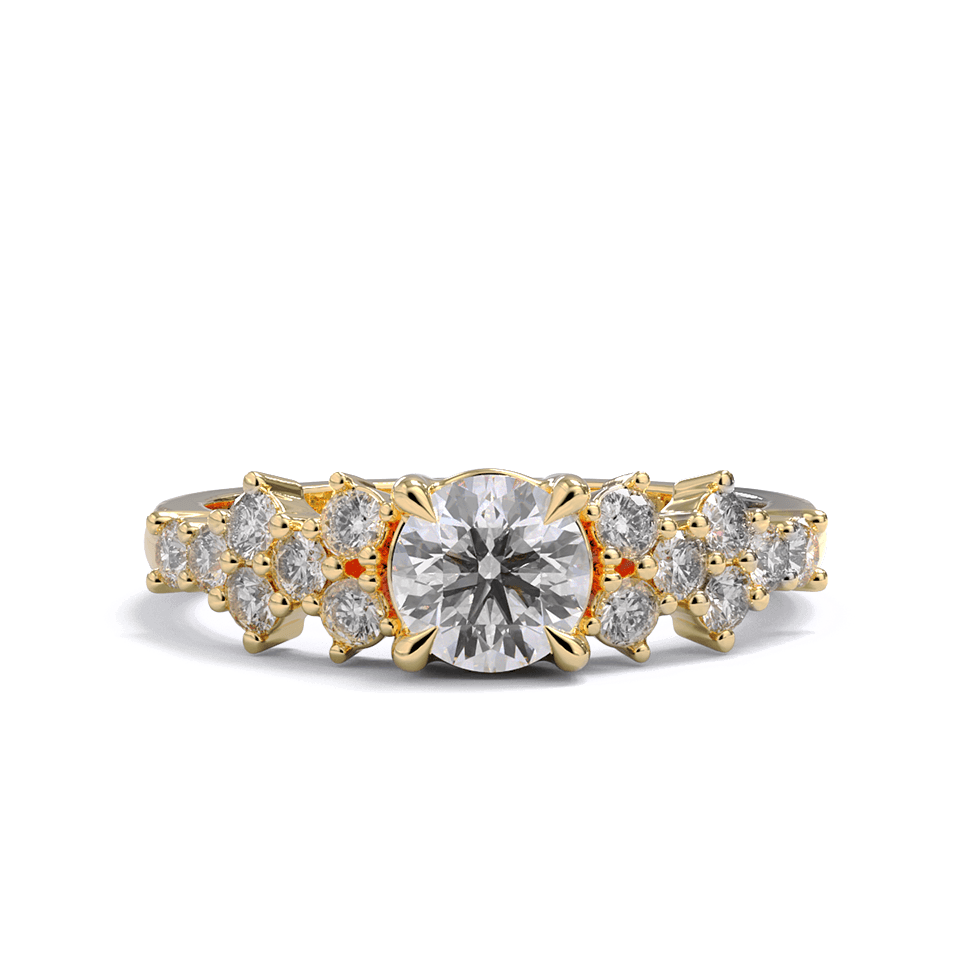 A yellow gold engagement engagement ring with a round diamond center stone and clusters of round diamonds on each side. Pave diamonds down the side of band.