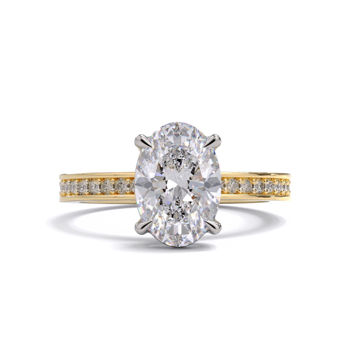An oval diamond solitaire engagement ring with a diamond band, predominantly showcasing a clear central diamond with smaller clear stones on the band, set against a green background.